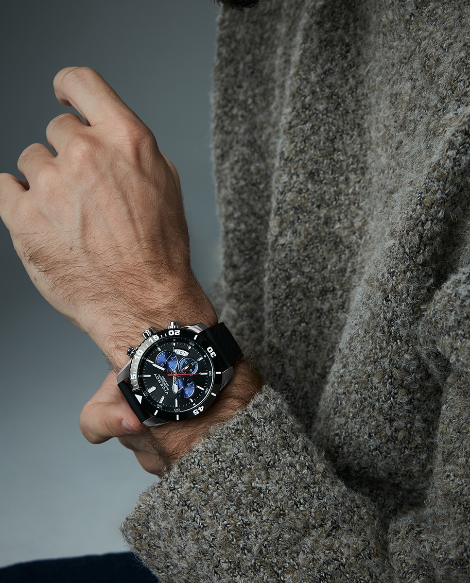 Relógio Analógico com Caixa Bicolor de Aço e Ip Preto com Bracelete de Silicone em Preto Preto / Azul-3