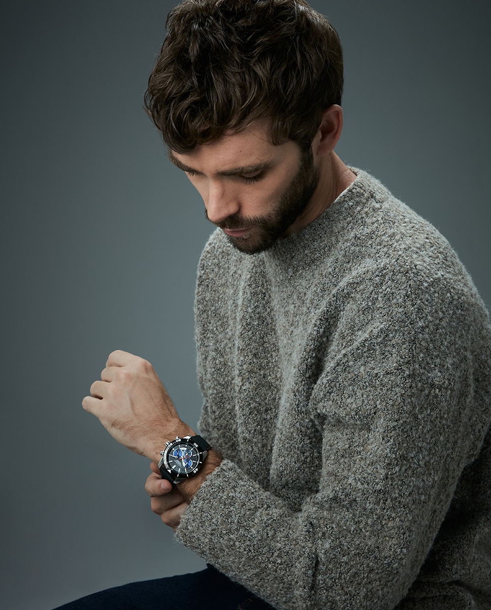 Relógio Analógico com Caixa Bicolor de Aço e Ip Preto com Bracelete de Silicone em Preto Preto / Azul-4