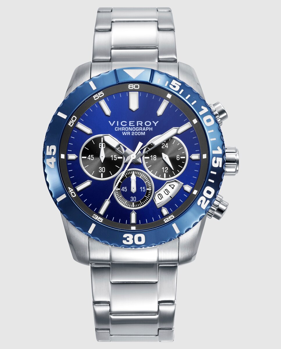 Relógio Analógico com Caixa Bicolor de Aço e Ip Azul com Bracelete de Aço Azul / Branco-1