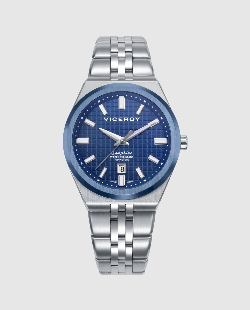 Relógio Analógico com Caixa Bicolor de Aço e Ip Azul e Bracelete de Aço Prateado-1