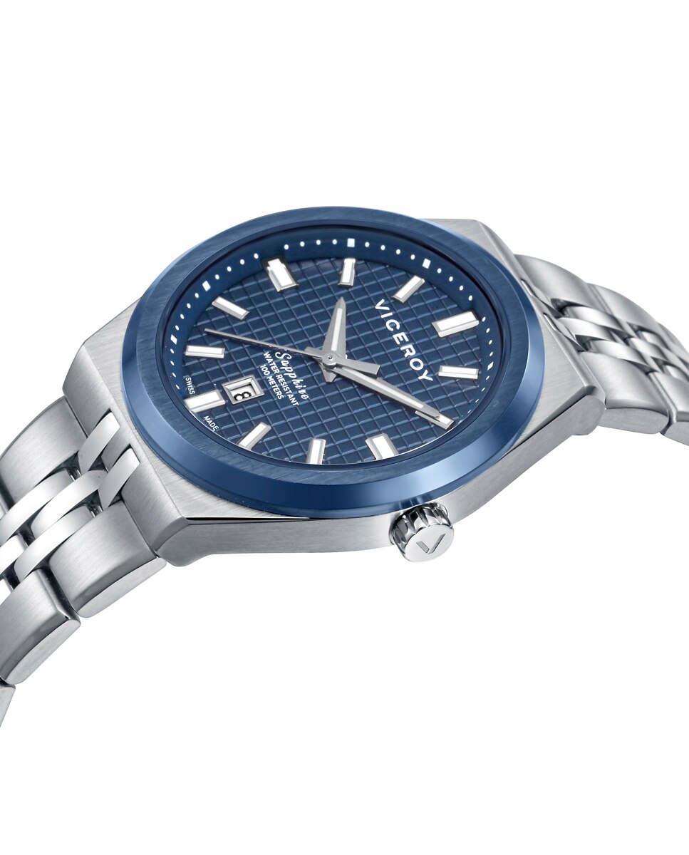 Relógio Analógico com Caixa Bicolor de Aço e Ip Azul e Bracelete de Aço Prateado-3