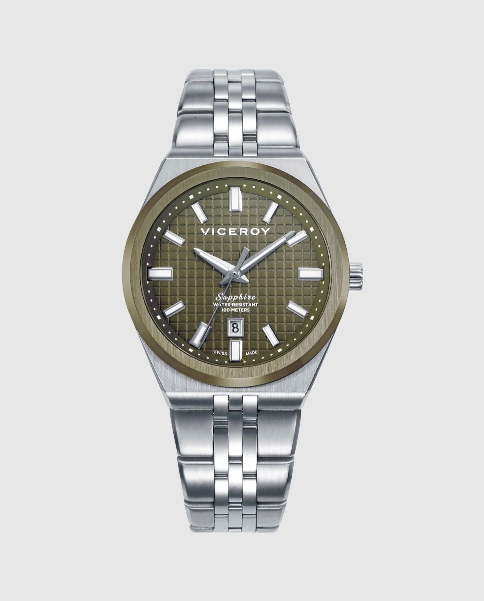 Relógio Analógico com Caixa Bicolor de Aço e Ip Verde e Bracelete de Aço Verde-escuro-1