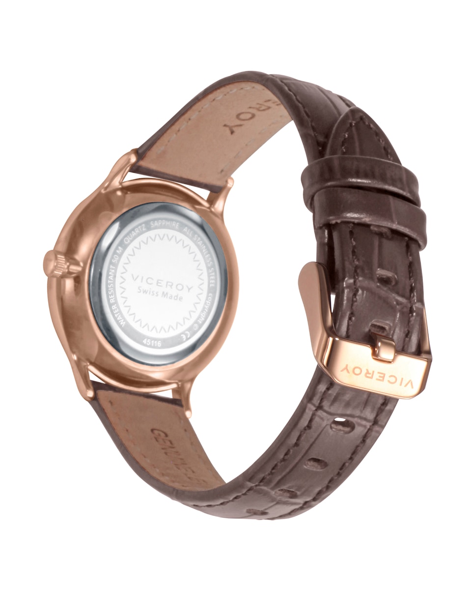 Relógio Analógico com Caixa de Aço Ip Rosa e Bracelete de Pele em Castanho Castanho-2