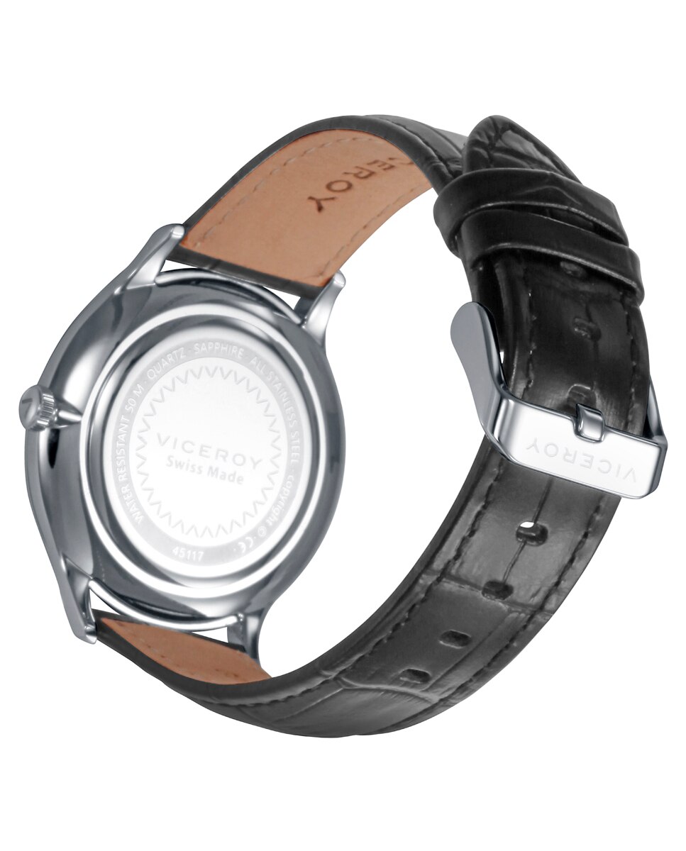Relógio Analógico com Caixa de Aço e Bracelete de Pele em Preto Preto / Branco-2