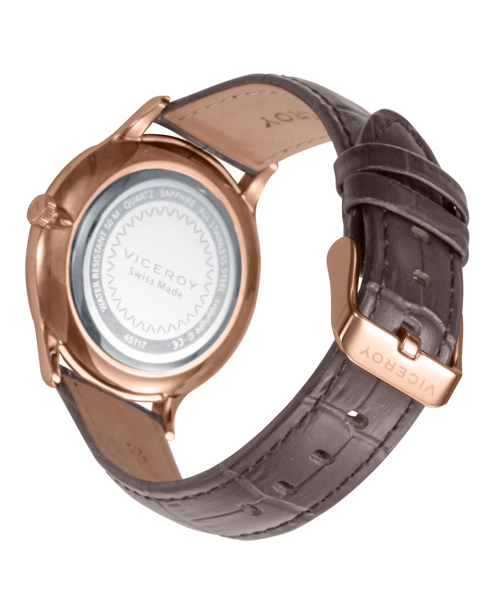 Relógio Analógico com Caixa de Aço Ip Rosa e Bracelete de Pele em Castanho Castanho-2
