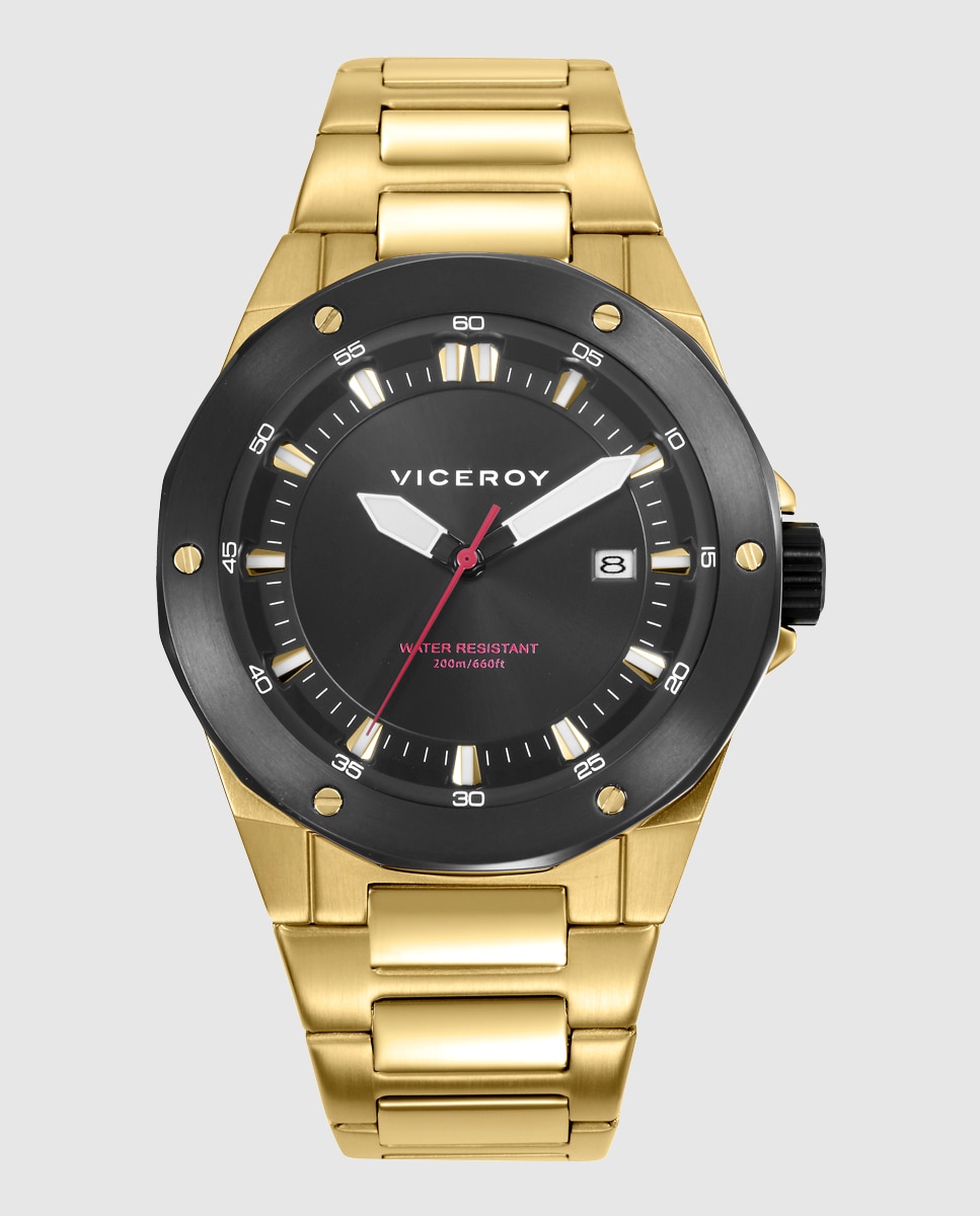 Relógio Analógico com Caixa Bicolor de Aço Ip Dourado com Bisel Ip Preto e Bracelete de Aço Ip Dourado Dourado-1