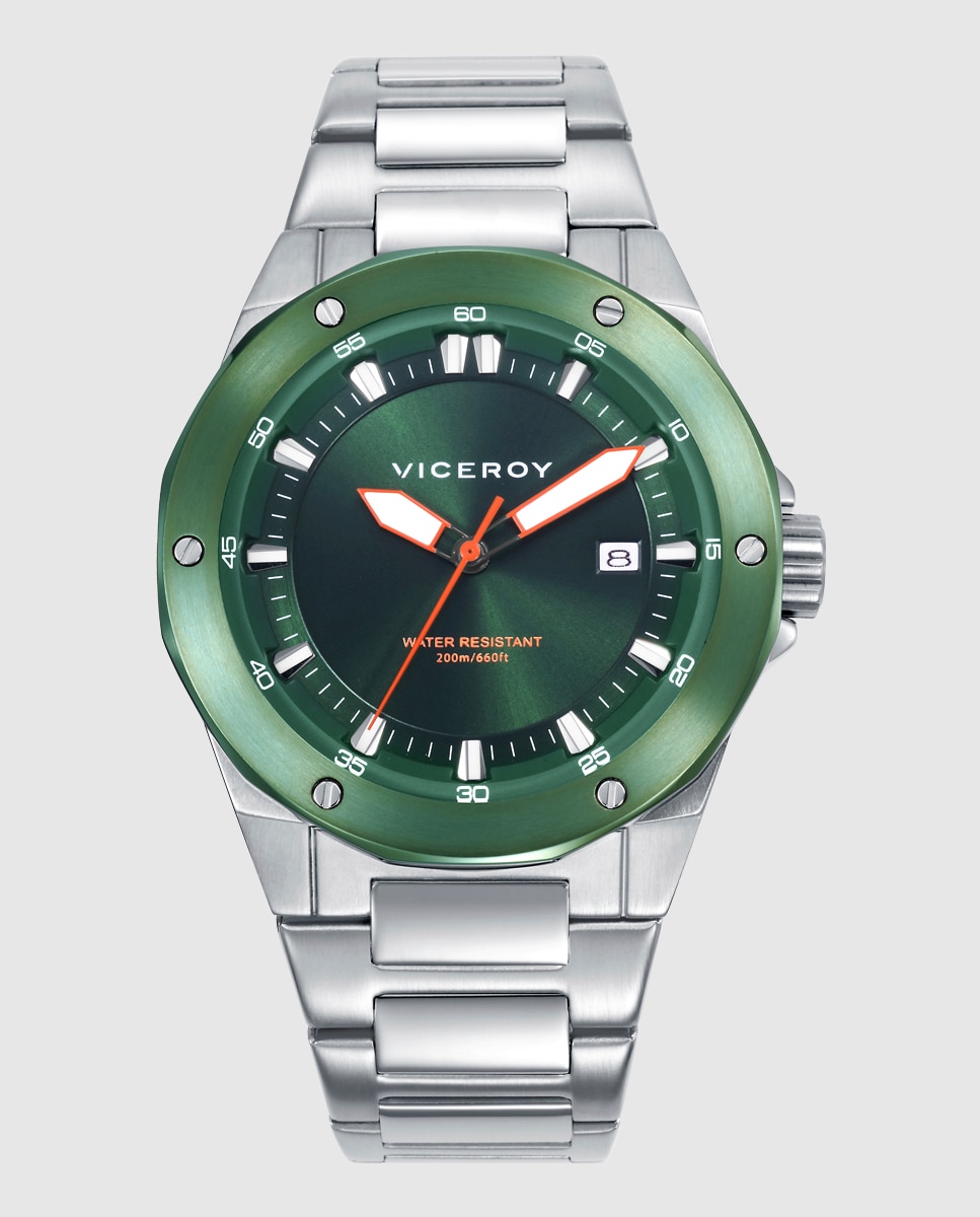 Relógio Analógico com Caixa Bicolor de Aço com Bisel Ip Verde e Bracelete de Aço Prateado-1
