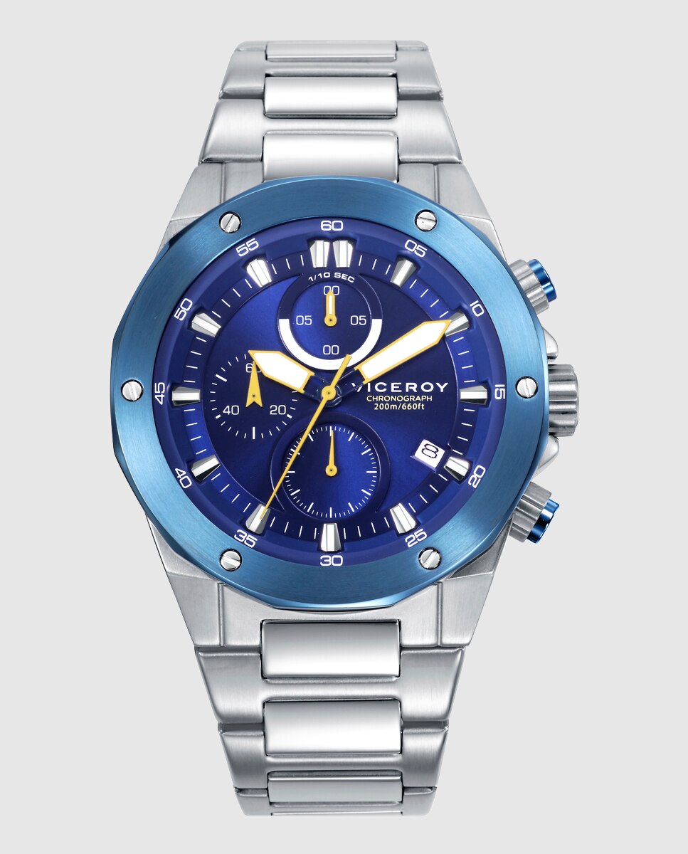 Relógio Analógico com Caixa Bitonal de Aço com Bisel Ip Azul e Bracelete de Aço Prateado-1
