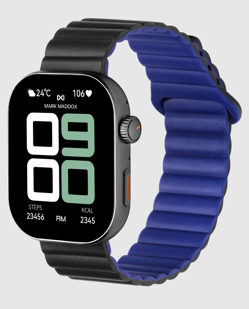 Smartwatch com Caixa de Metal em Preto e Pulseira de Silicone em Preto Preto / Azul-1