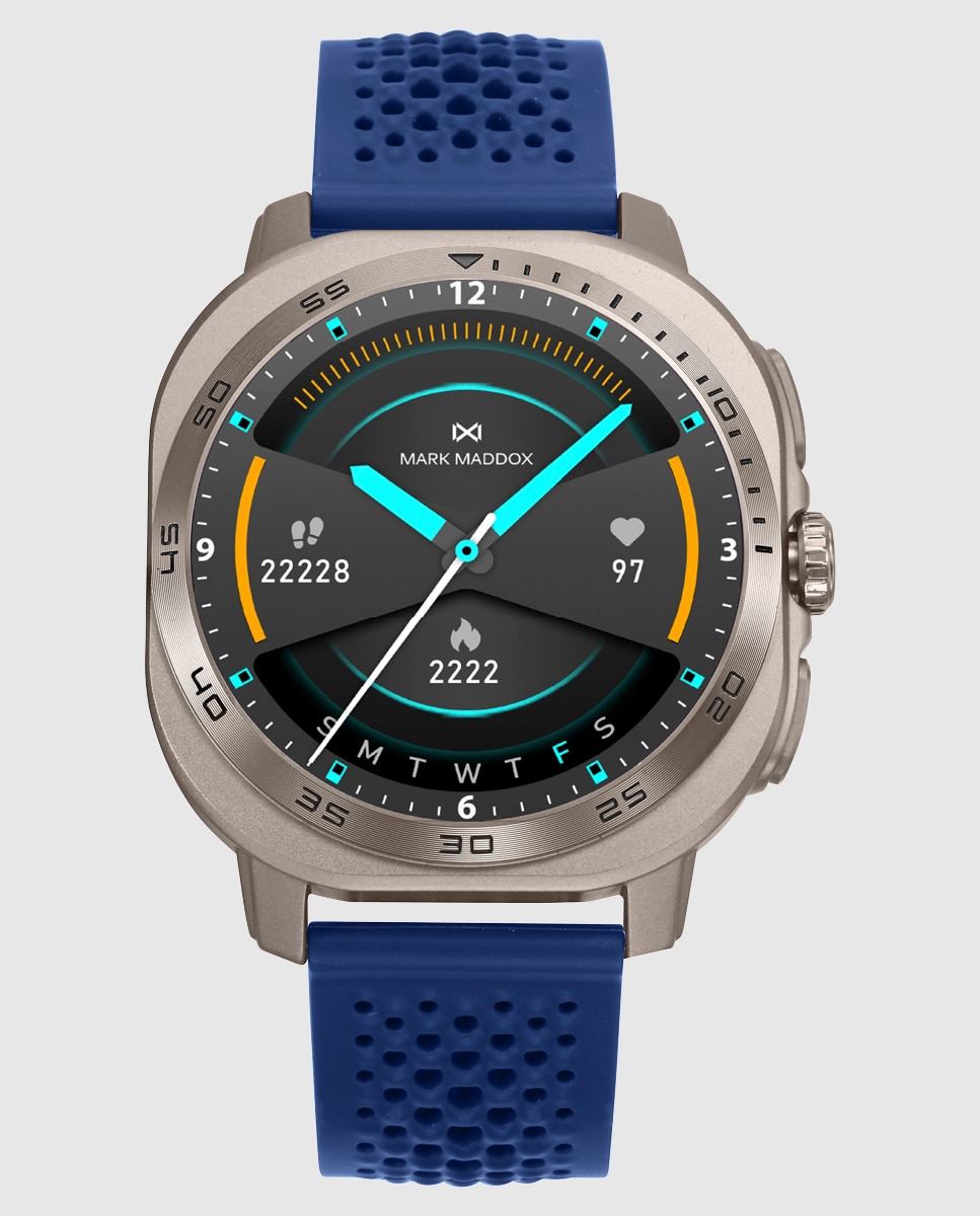 Smartwatch com Caixa de Metal Prateado e Bracelete de Silicone Azul Azul-1