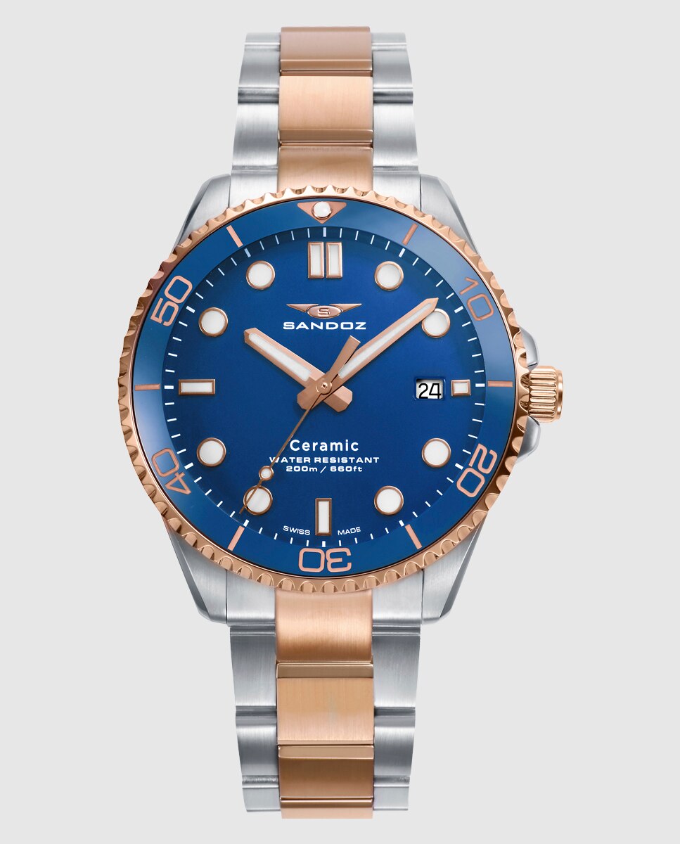 Imagem 0 de Relógio Caixa Bitono de Aço e Ip Rosa com Bisel de Cerâmica Azul e Bracelete Bitono