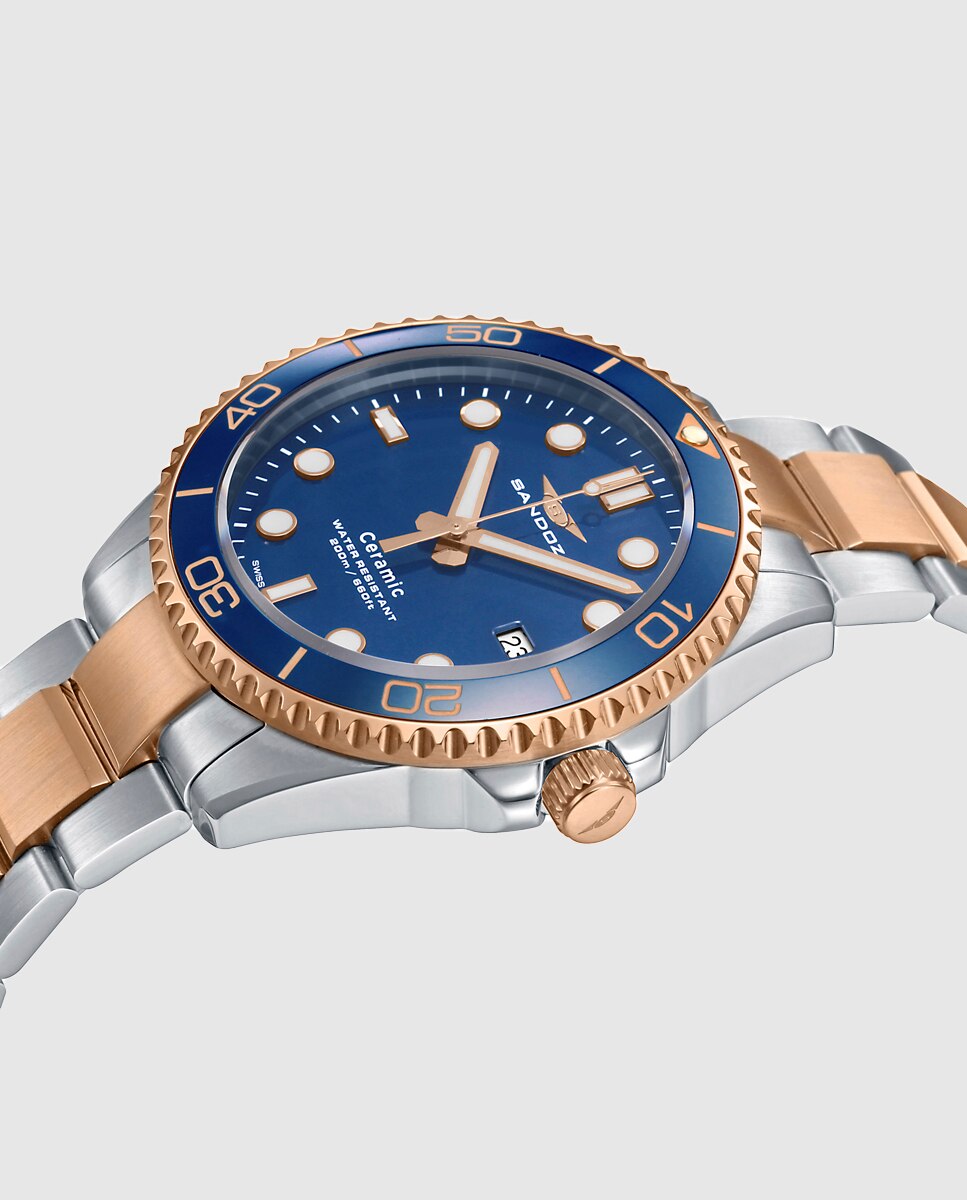 Relógio Caixa Bicolor de Aço e Ip Rosa com Bisel de Cerâmica Azul e Bracelete Bicolor Multicolor-3