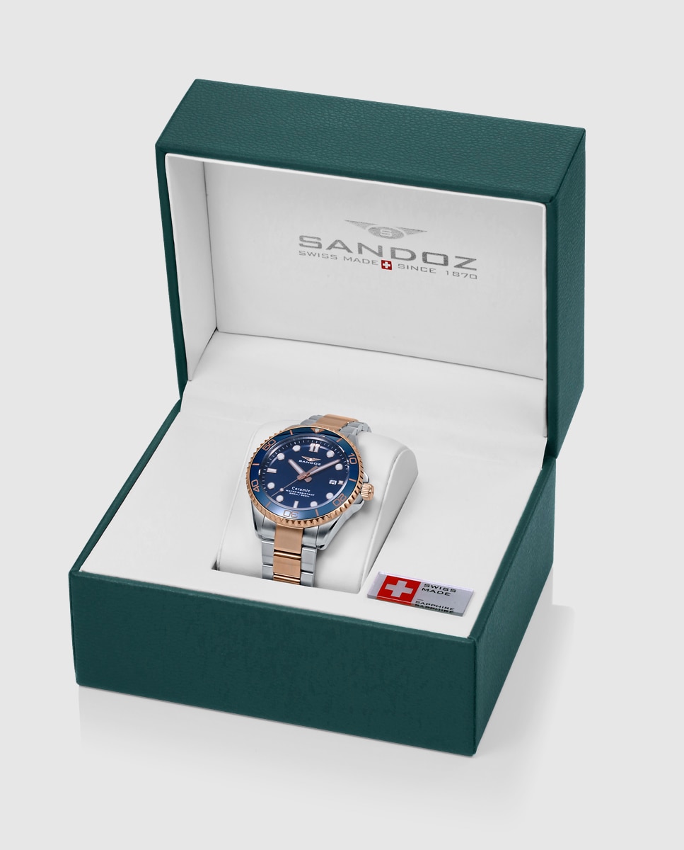 Relógio Caixa Bicolor de Aço e Ip Rosa com Bisel de Cerâmica Azul e Bracelete Bicolor Multicolor-4
