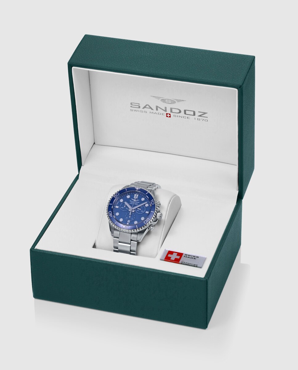 Relógio Caixa de Aço com Bisel de Cerâmica Azul e Bracelete de Aço Prateado-4