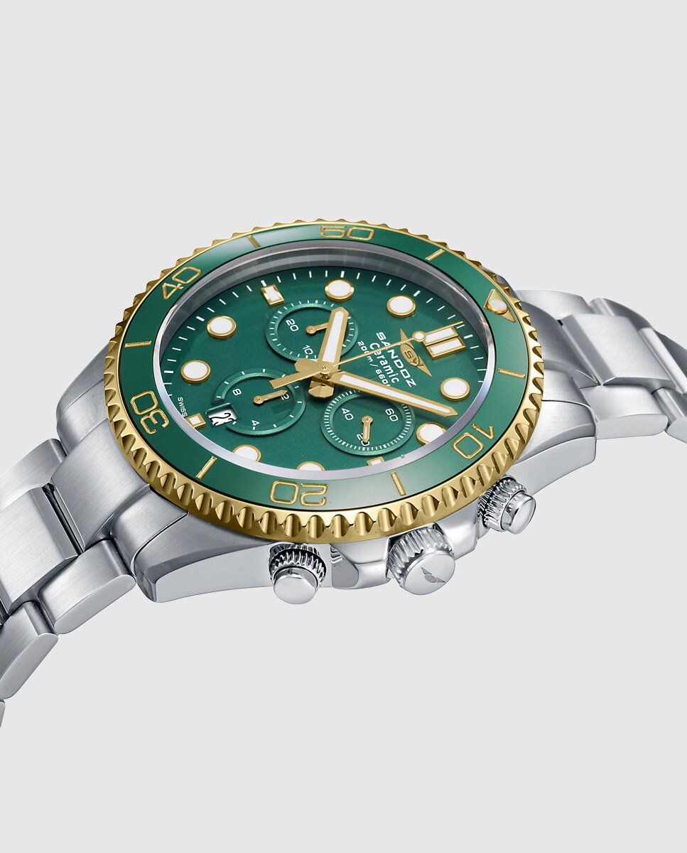 Relógio Caixa Bitono de Aço e Ip Dourado com Bisel de Cerâmica Verde e Bracelete Bitono Prateado-3