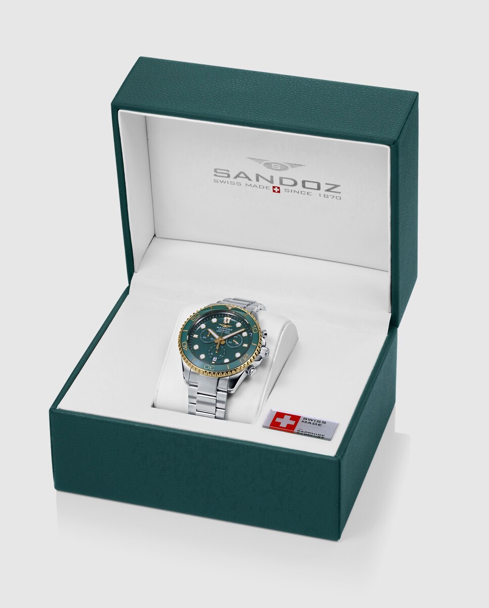 Relógio Caixa Bitono de Aço e Ip Dourado com Bisel de Cerâmica Verde e Bracelete Bitono Prateado-4
