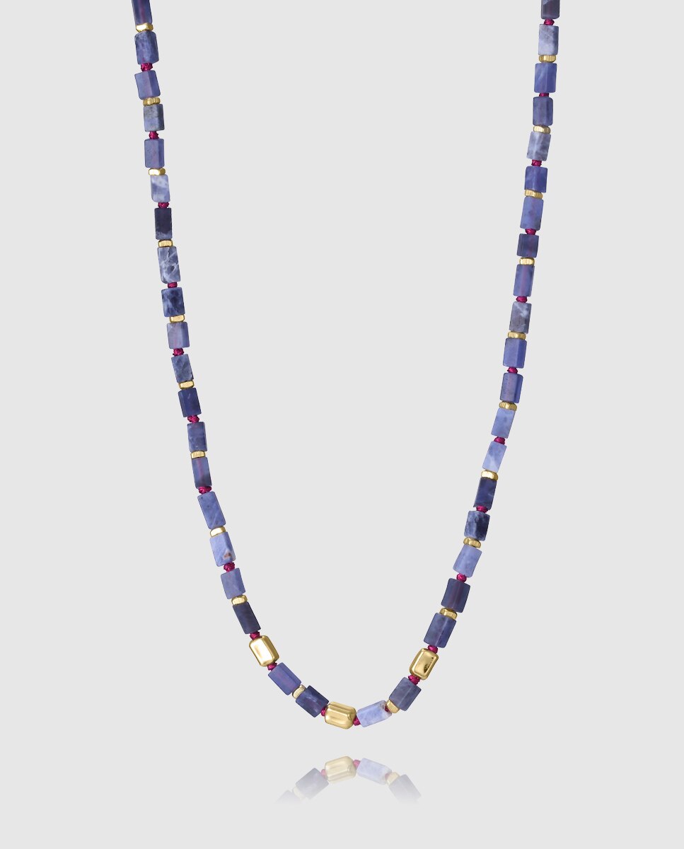 Colar Elegant de Prata de Primeira Lei com Banho de Ouro e Pedras Naturais Azul-1