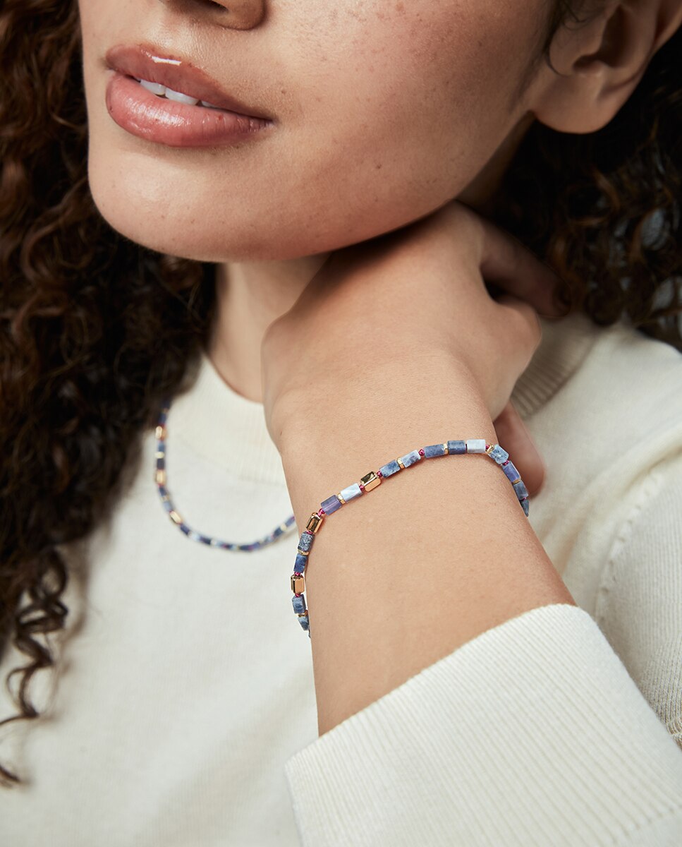 Pulseira de Corrente Elegant de Prata de Primeira Lei com Banho de Ouro e Pedras Naturais Azul-2