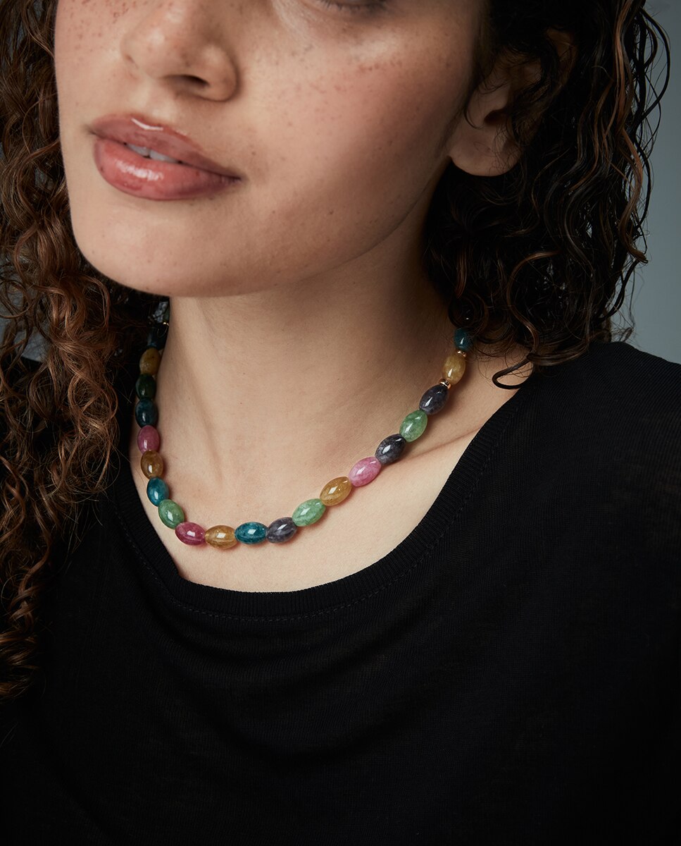 Colar Elegant de Prata de Primeira Lei com Banho de Ouro e Pedras Multicolor-2