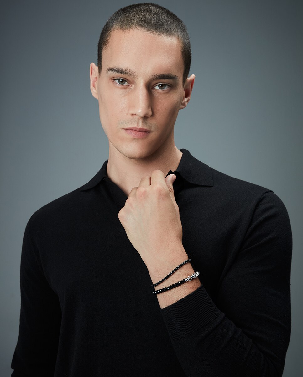 Pulseira Elegant de Prata de Primeira Lei com Banho de Ródio e Pedras Naturais Preto / Prata-3