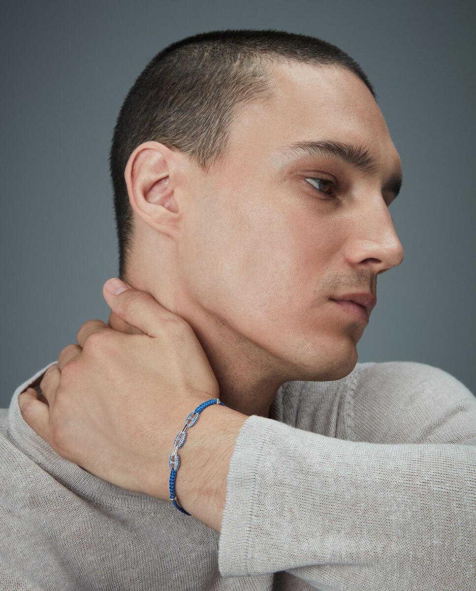 Pulseira Elegant de Prata de Primeira Lei com Banho de Ródio e Cordão Azul Azul-2