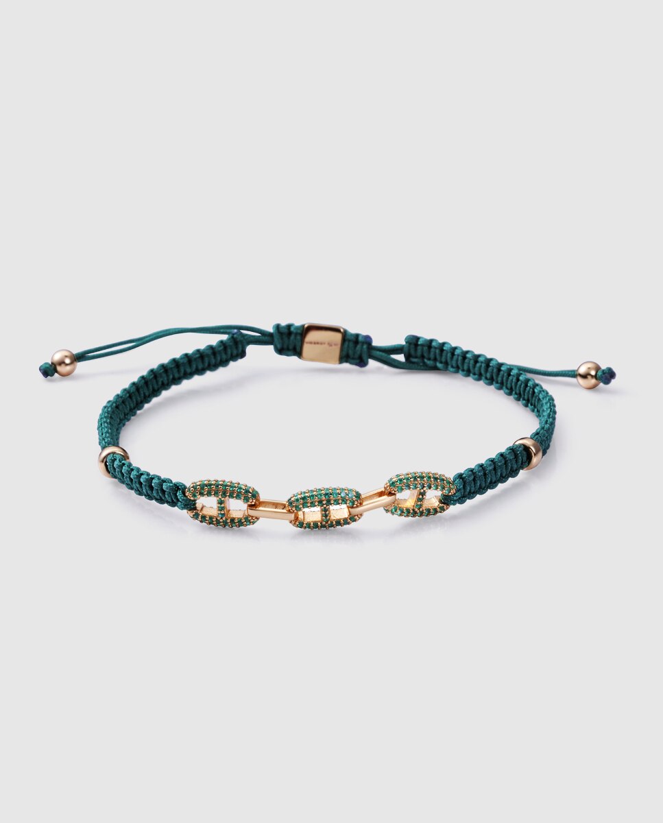 Pulseira Elegant de Prata de Primeira Lei com Banho de Ródio e Cordão Verde Verde-1
