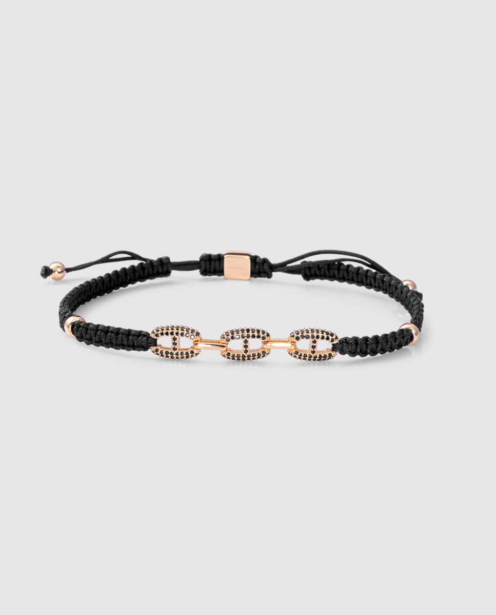 Pulseira Elegant de Prata de Primeira Lei com Banho de Ródio e Cordão Preto Preto-1