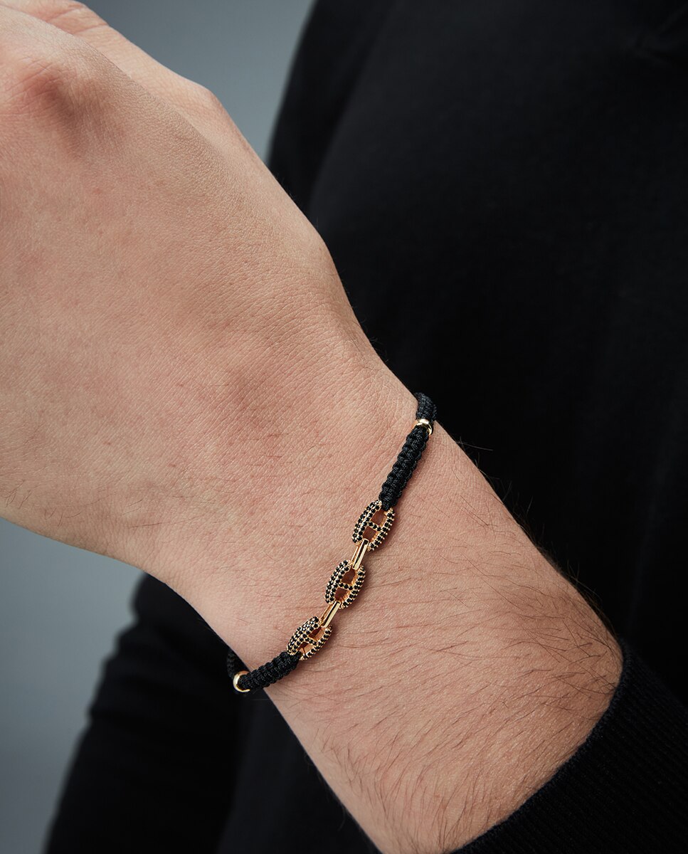 Pulseira Elegant de Prata de Primeira Lei com Banho de Ródio e Cordão Preto Preto-2
