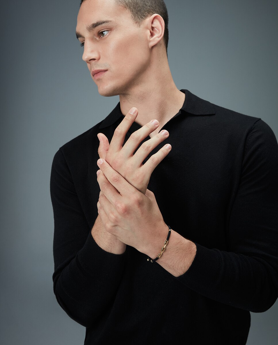 Pulseira Elegant de Prata de Primeira Lei com Banho de Ródio e Cordão Preto Preto-3