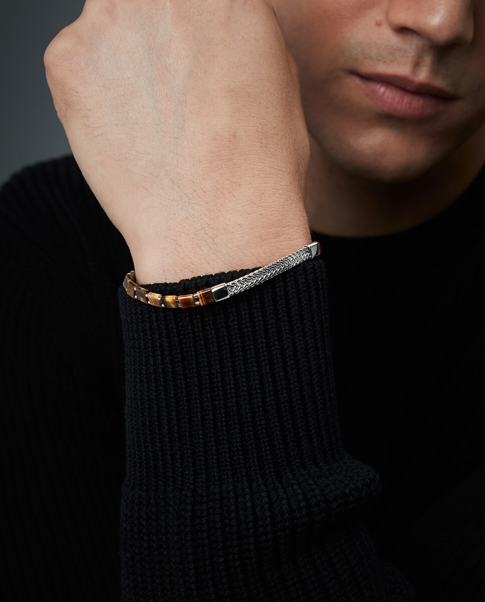 Pulseira Elegant de Prata de Primeira Lei com Banho de Ródio e Pedras Castanho-2