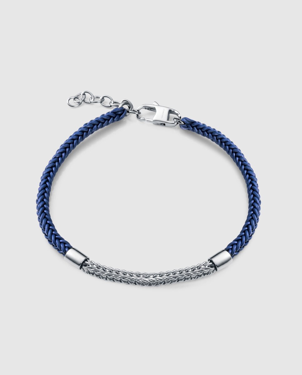 Pulseira Elegant de Prata de Primeira Lei com Banho de Ródio e Pele Azul Azul-1