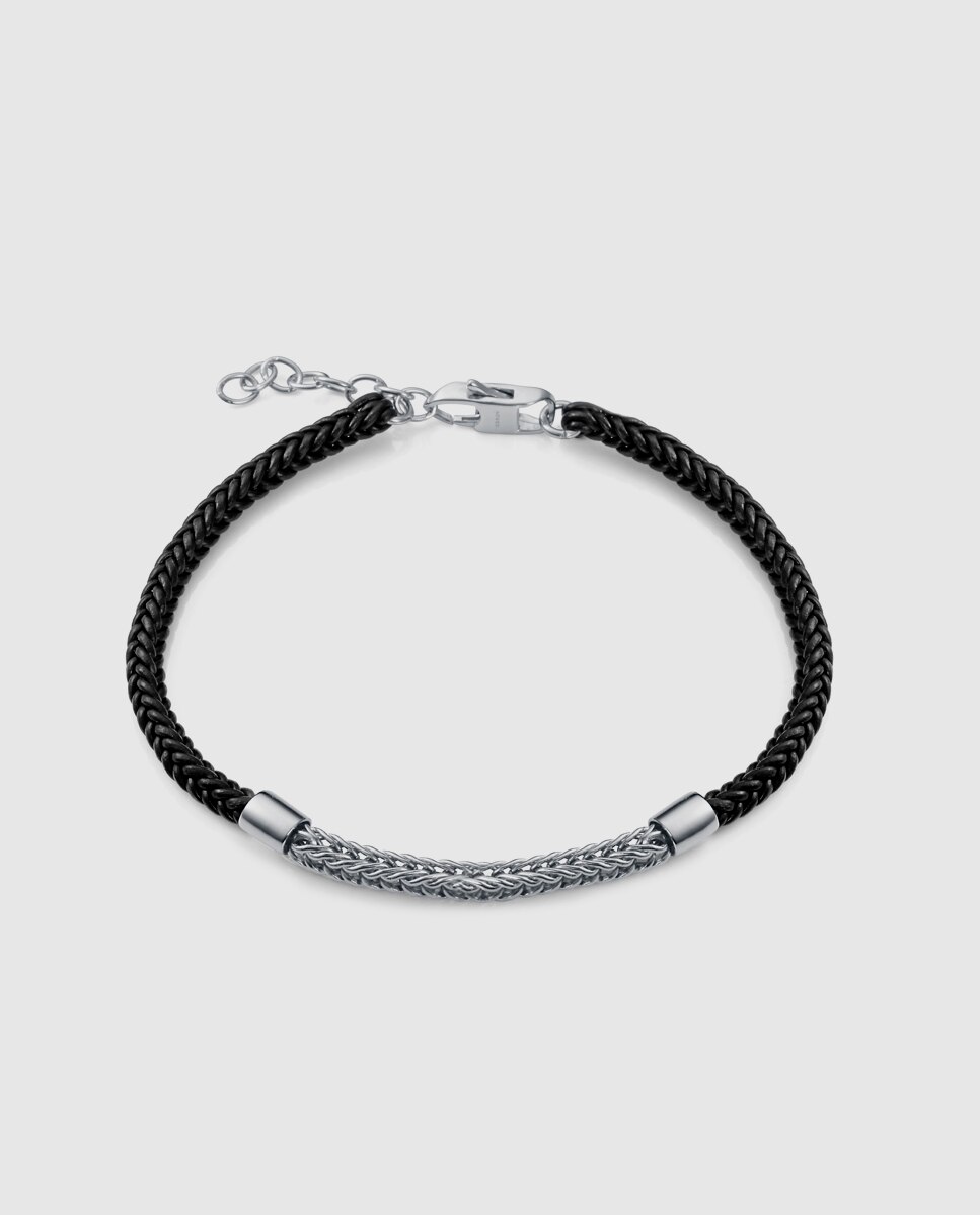 Pulseira Elegant de Prata de Primeira Lei com Banho de Ródio e com Pele Preta Preto / Prata-1