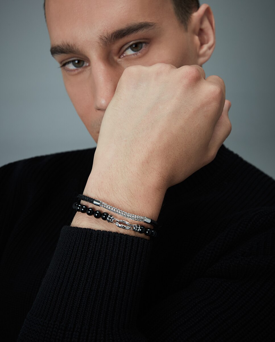 Pulseira Elegant de Prata de Primeira Lei com Banho de Ródio e com Pele Preta Preto / Prata-3