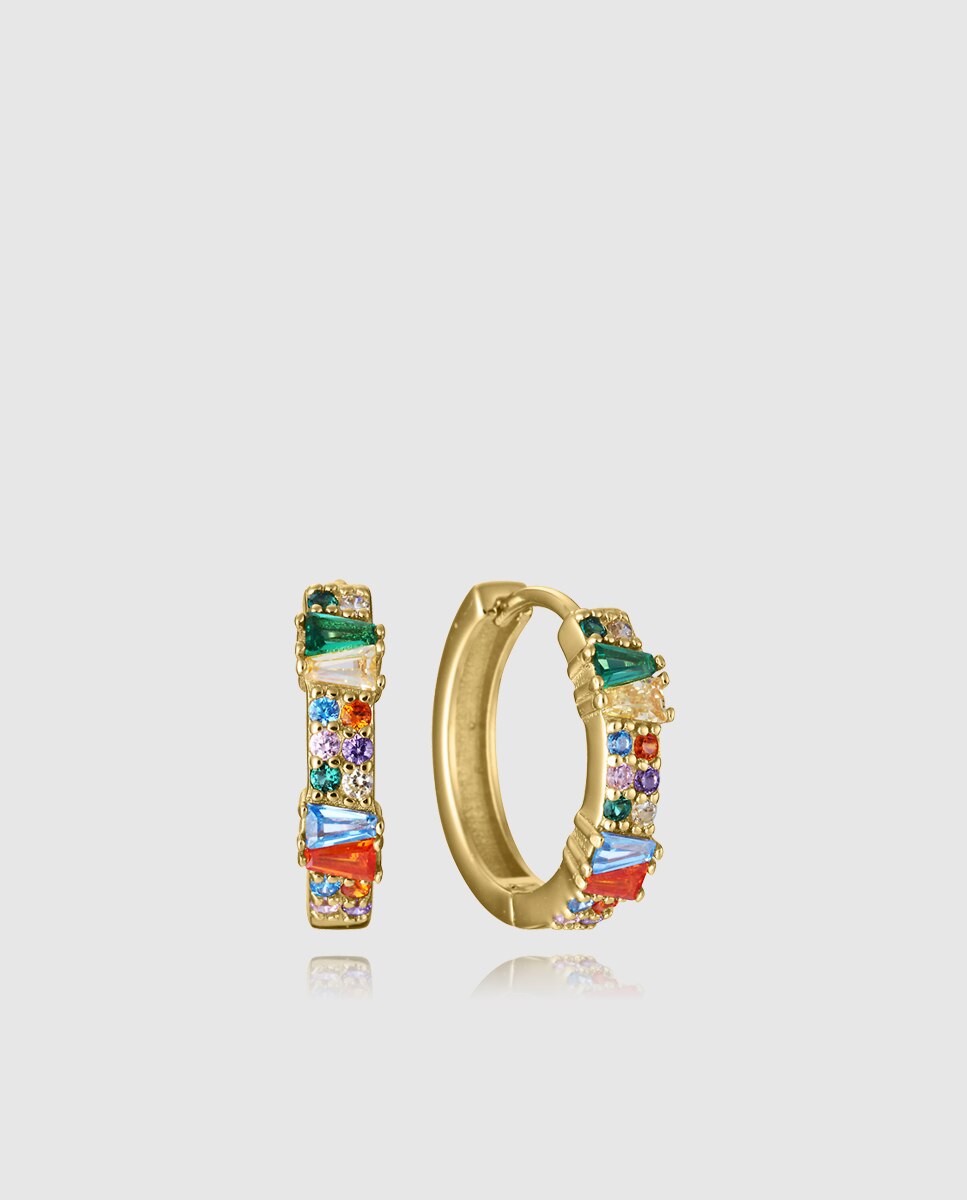 Brincos Trend de Prata de Primeira Lei com Banho de Ouro e Argola Multicolor-1