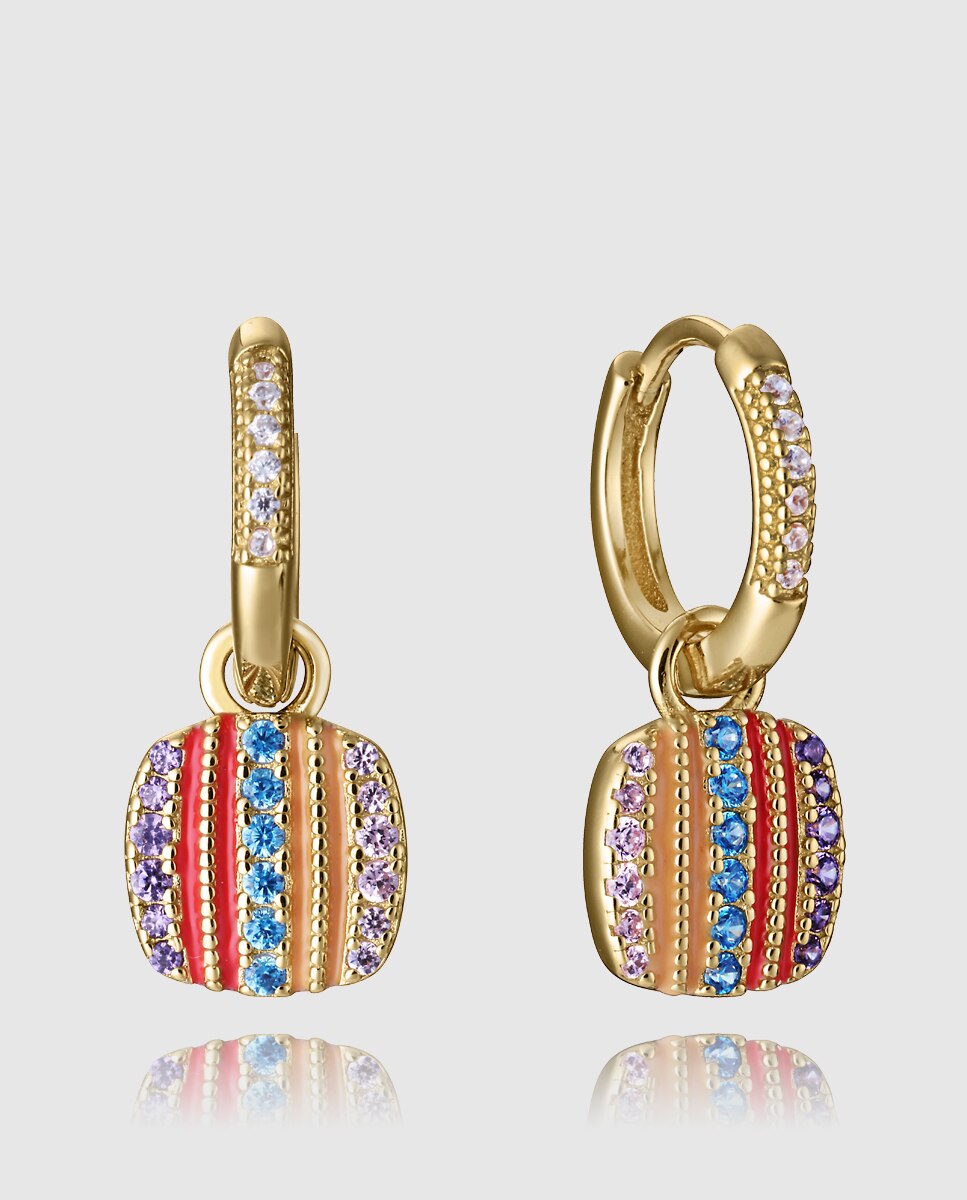 Brincos Elegant de Prata de Primeira Lei com Banho de Ouro, Argola e Pendente Multicolor-1