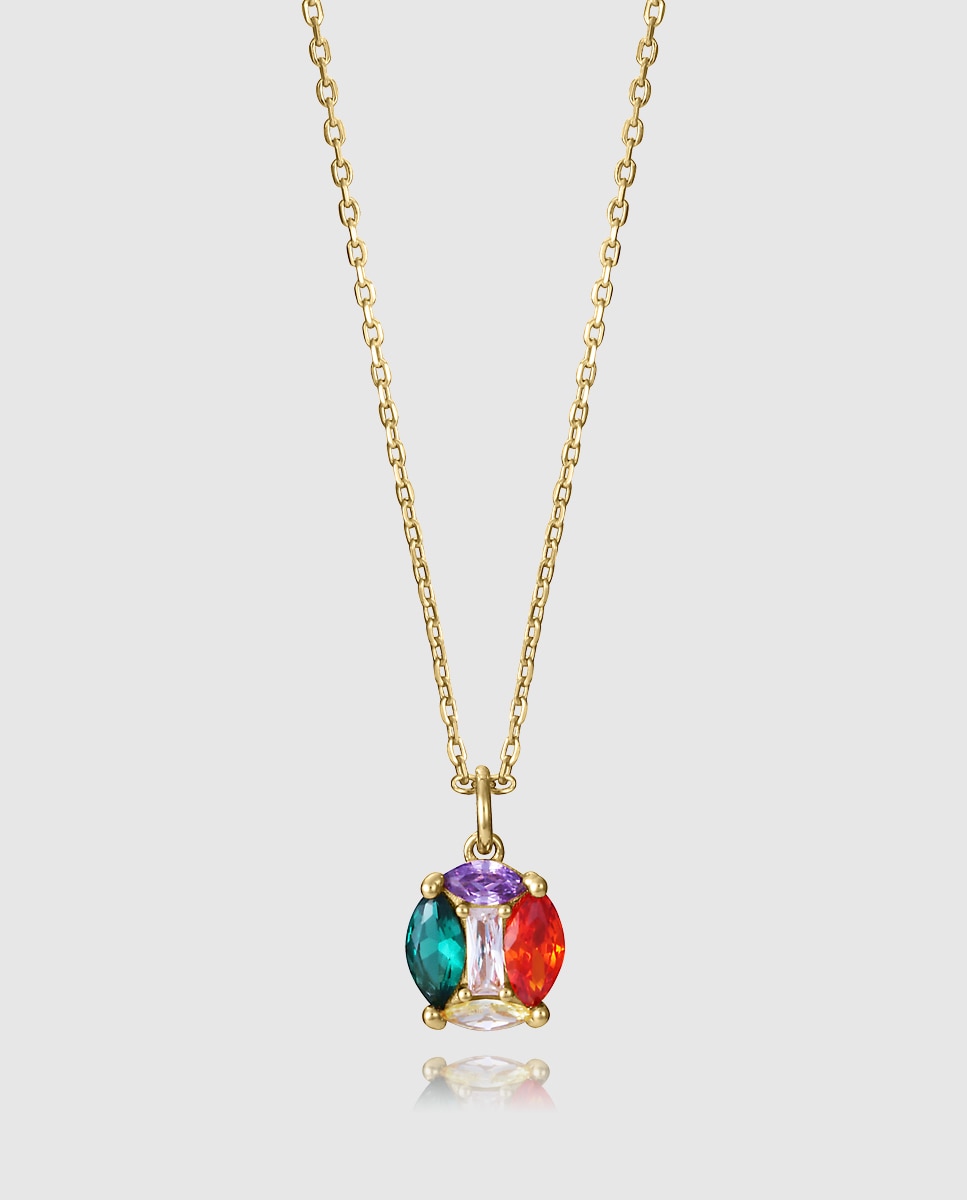 Colar Elegant de Prata de Primeira Lei com Banho de Ouro e Pendente Multicolor-1