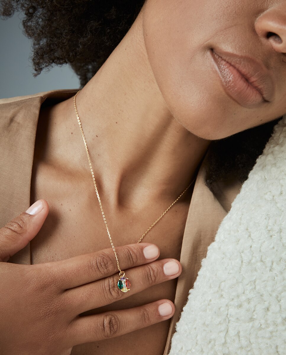 Colar Elegant de Prata de Primeira Lei com Banho de Ouro e Pendente Multicolor-2