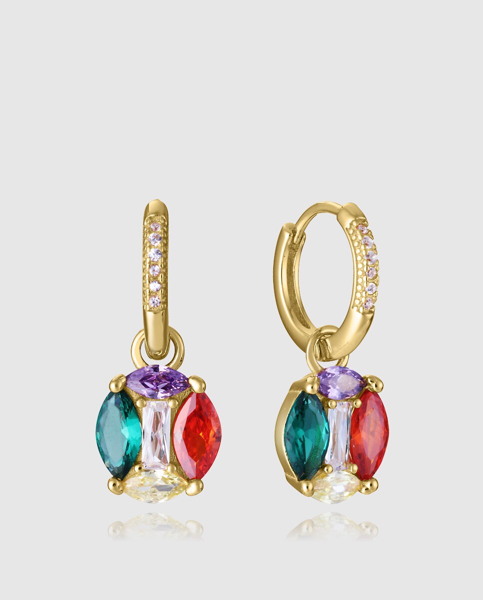 Brincos Elegant de Prata de Primeira Lei com Banho de Ouro, Argola e Pendente Multicolor-1