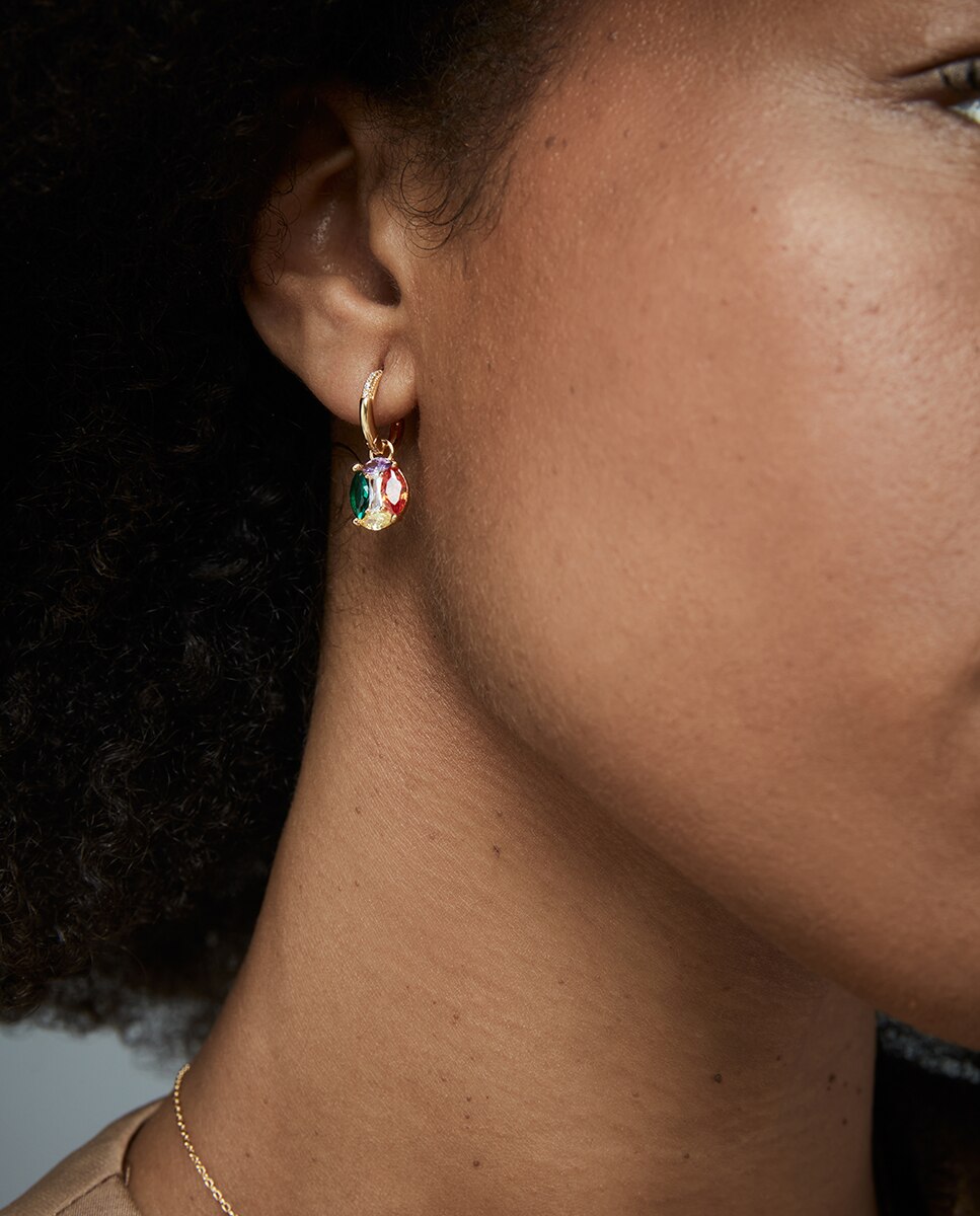 Brincos Elegant de Prata de Primeira Lei com Banho de Ouro, Argola e Pendente Multicolor-2