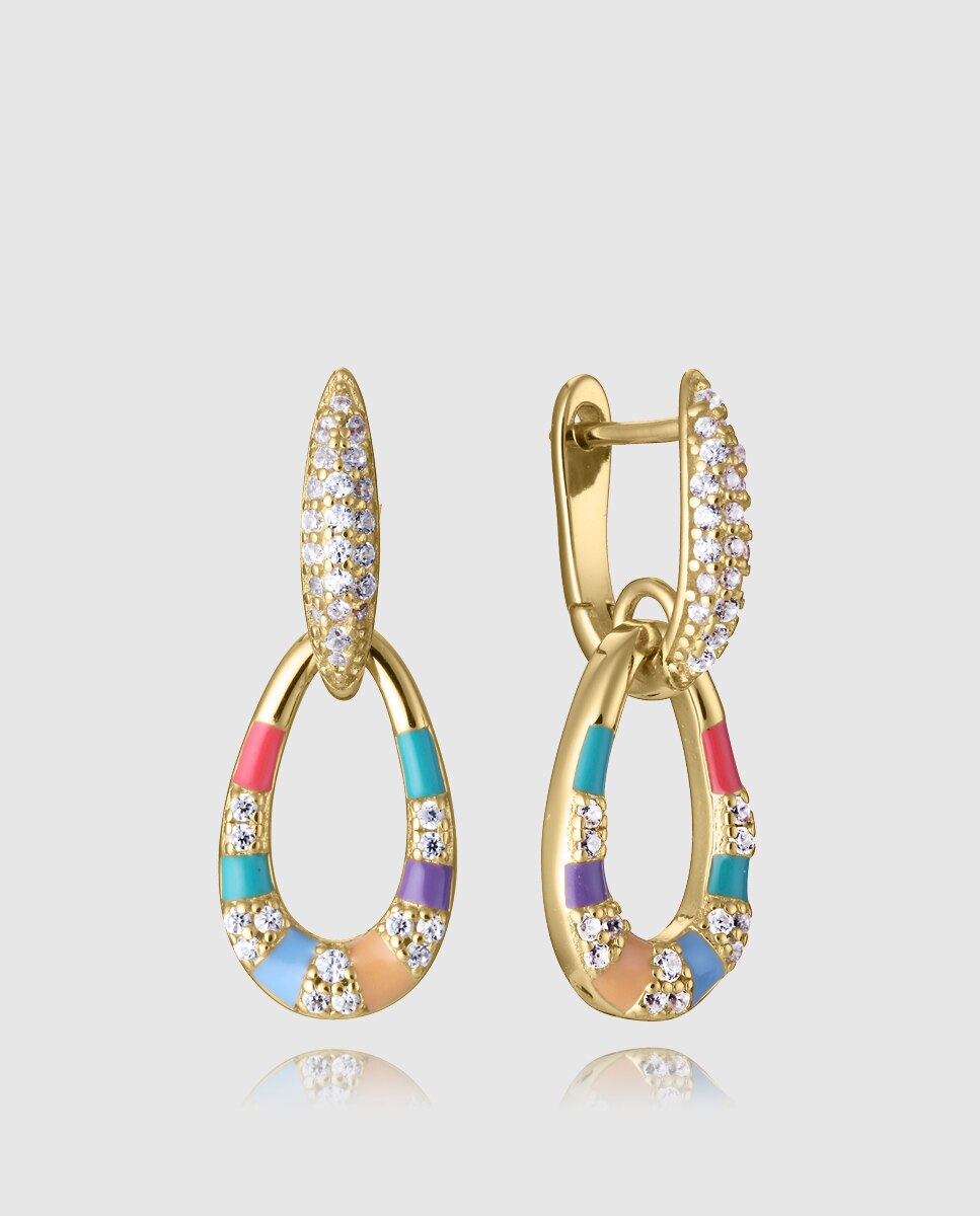 Brincos Trend de Prata de Primeira Lei com Banho de Ouro, Argola e Pendente Multicolor-1