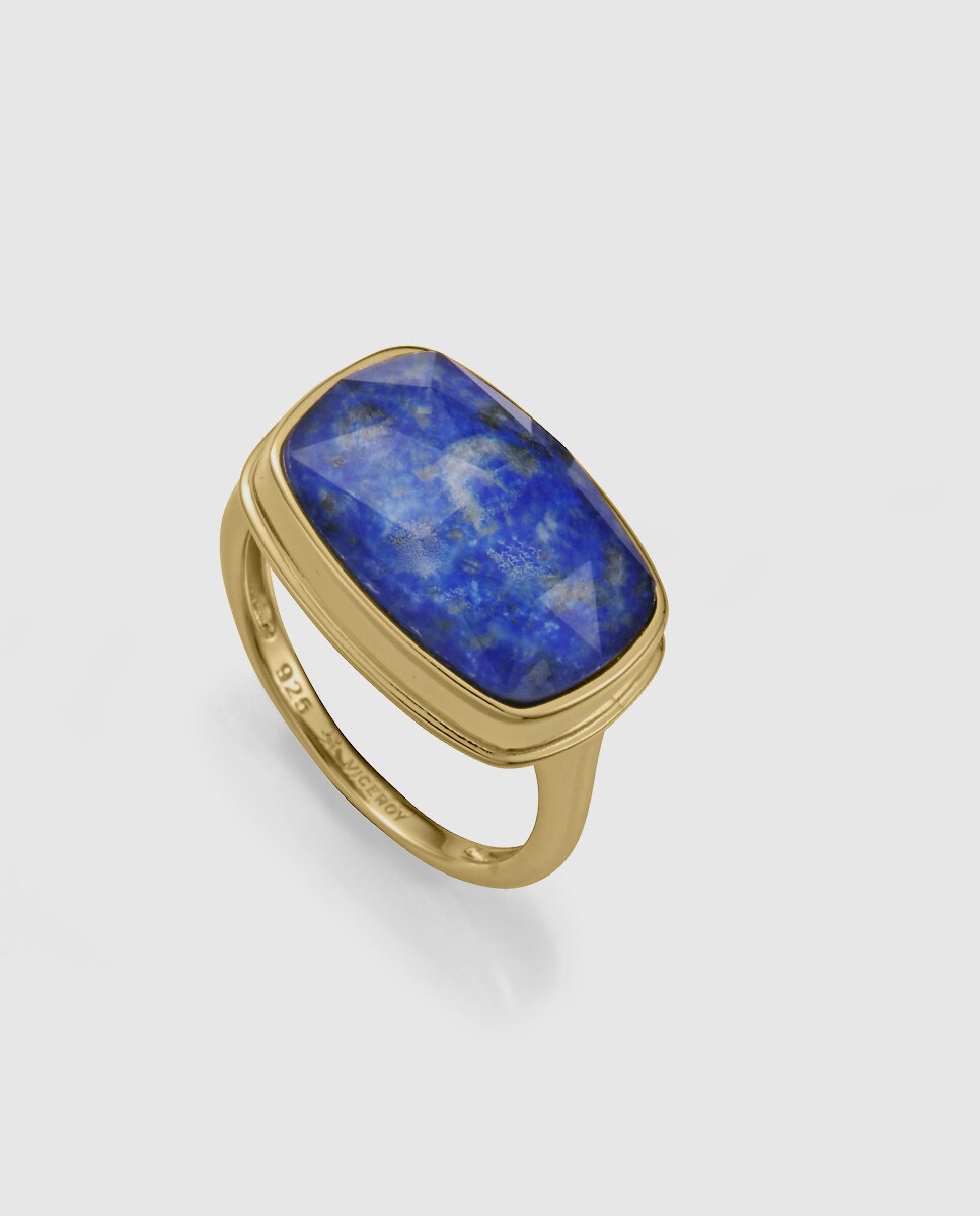Anel Elegant de Prata de Primeira Lei com Banho de Ouro e Pedra Natural Azul-1