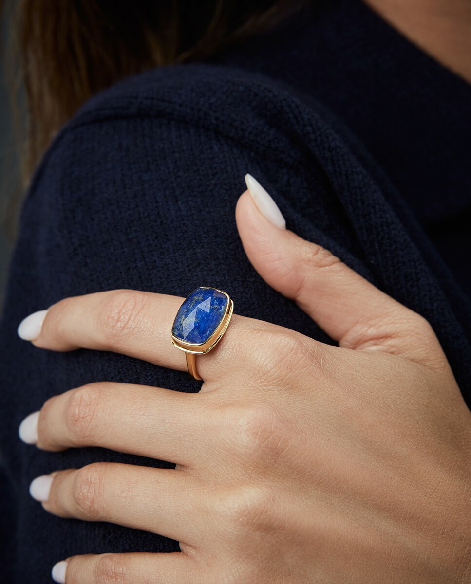 Anel Elegant de Prata de Primeira Lei com Banho de Ouro e Pedra Natural Azul-3