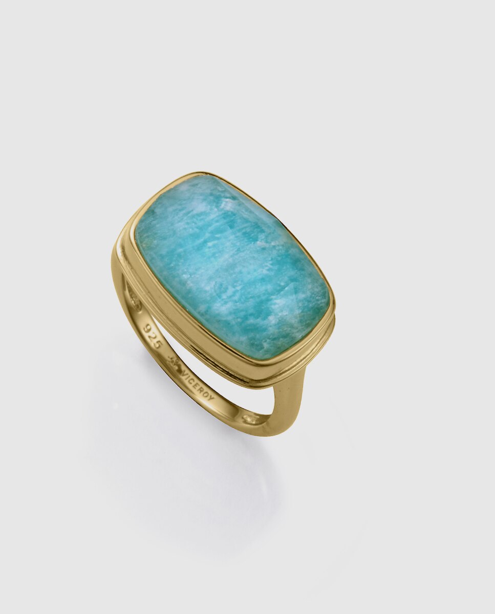 Anel Elegant de Prata de Primeira Lei com Banho de Ouro e Pedra Natural Azul-1