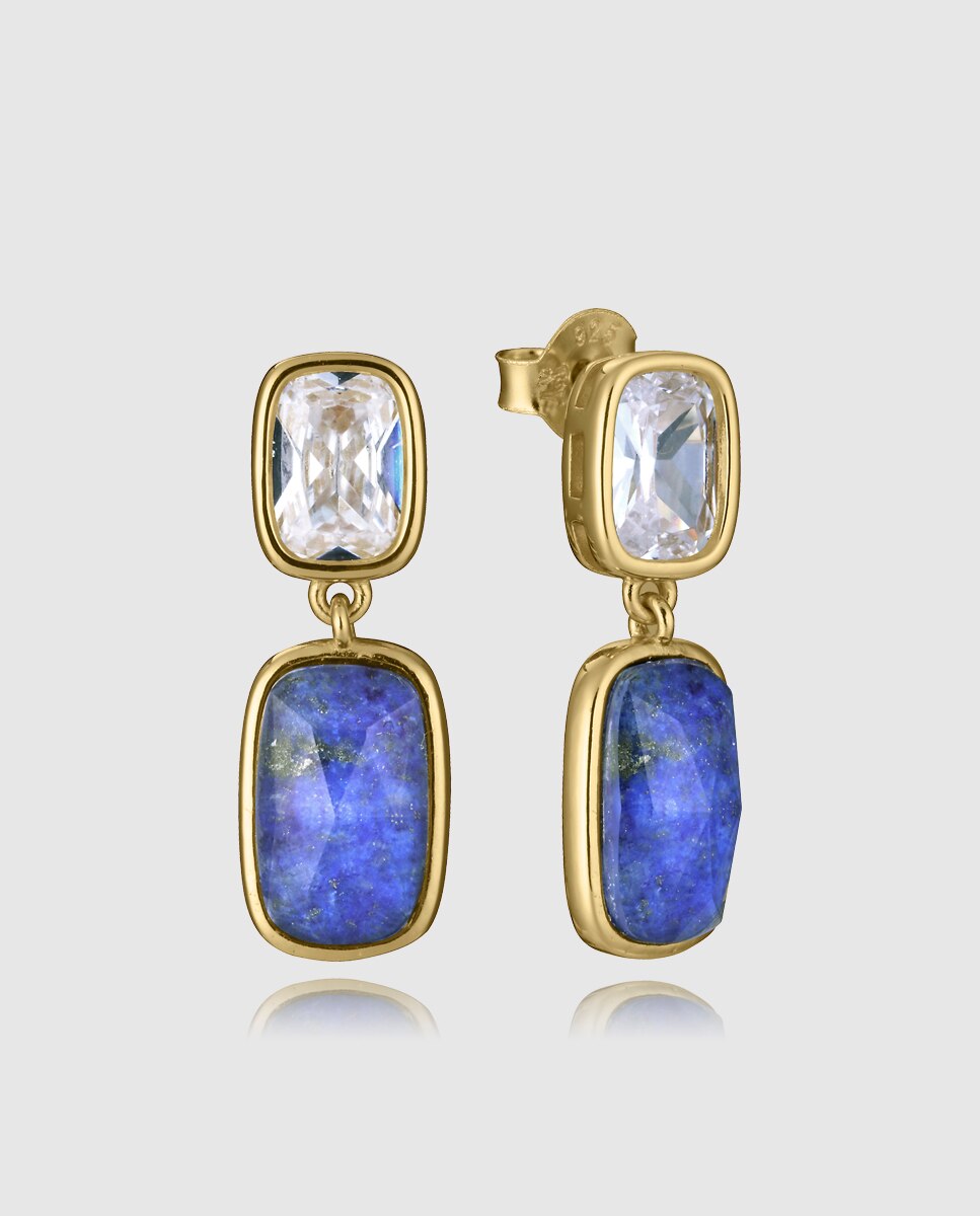 Brincos Elegant de Prata de Primeira Lei com Banho de Ouro e Pedras Naturais Azul-1