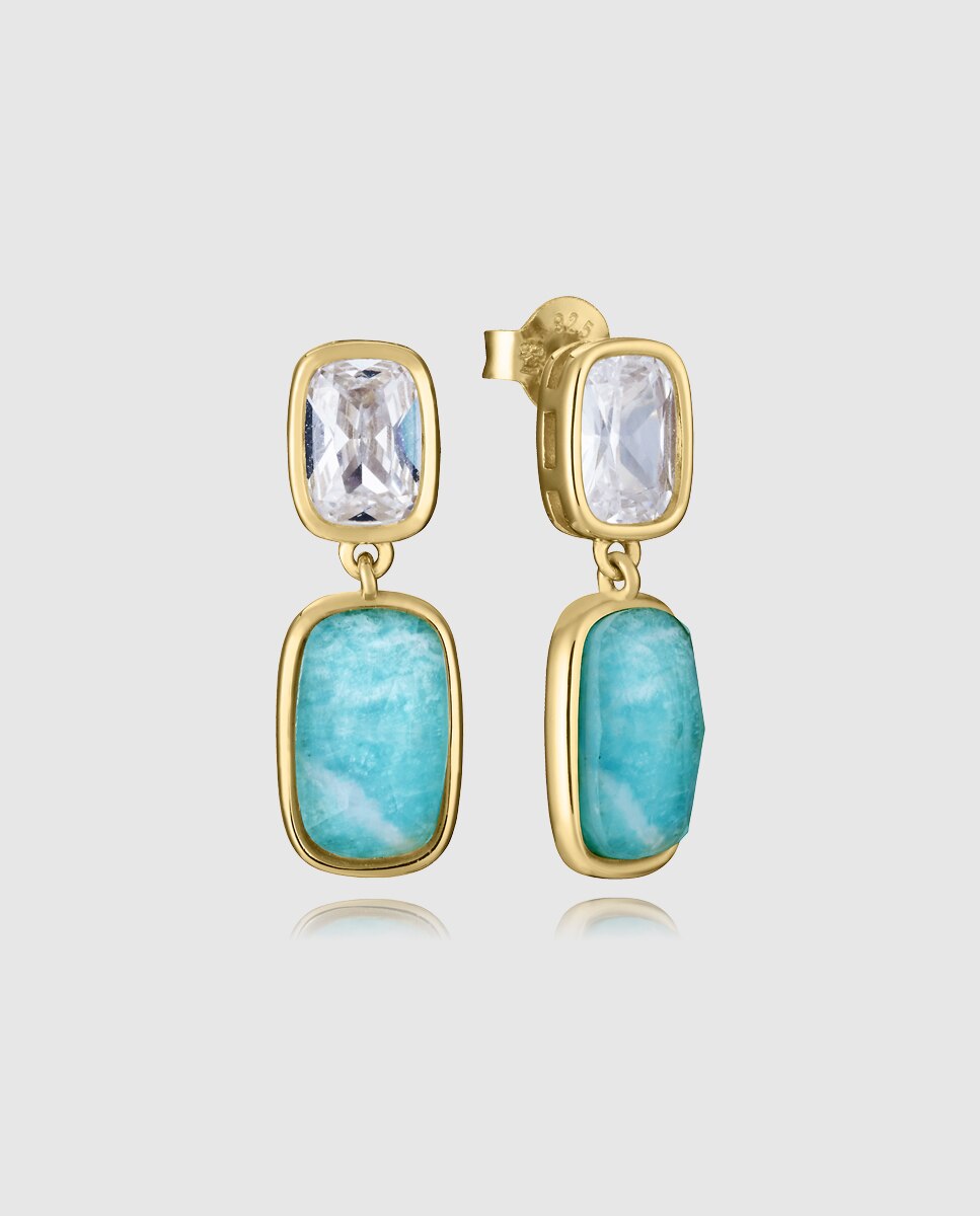 Brincos Elegant de Prata de Primeira Lei com Banho de Ouro e Pedras Naturais Azul-1