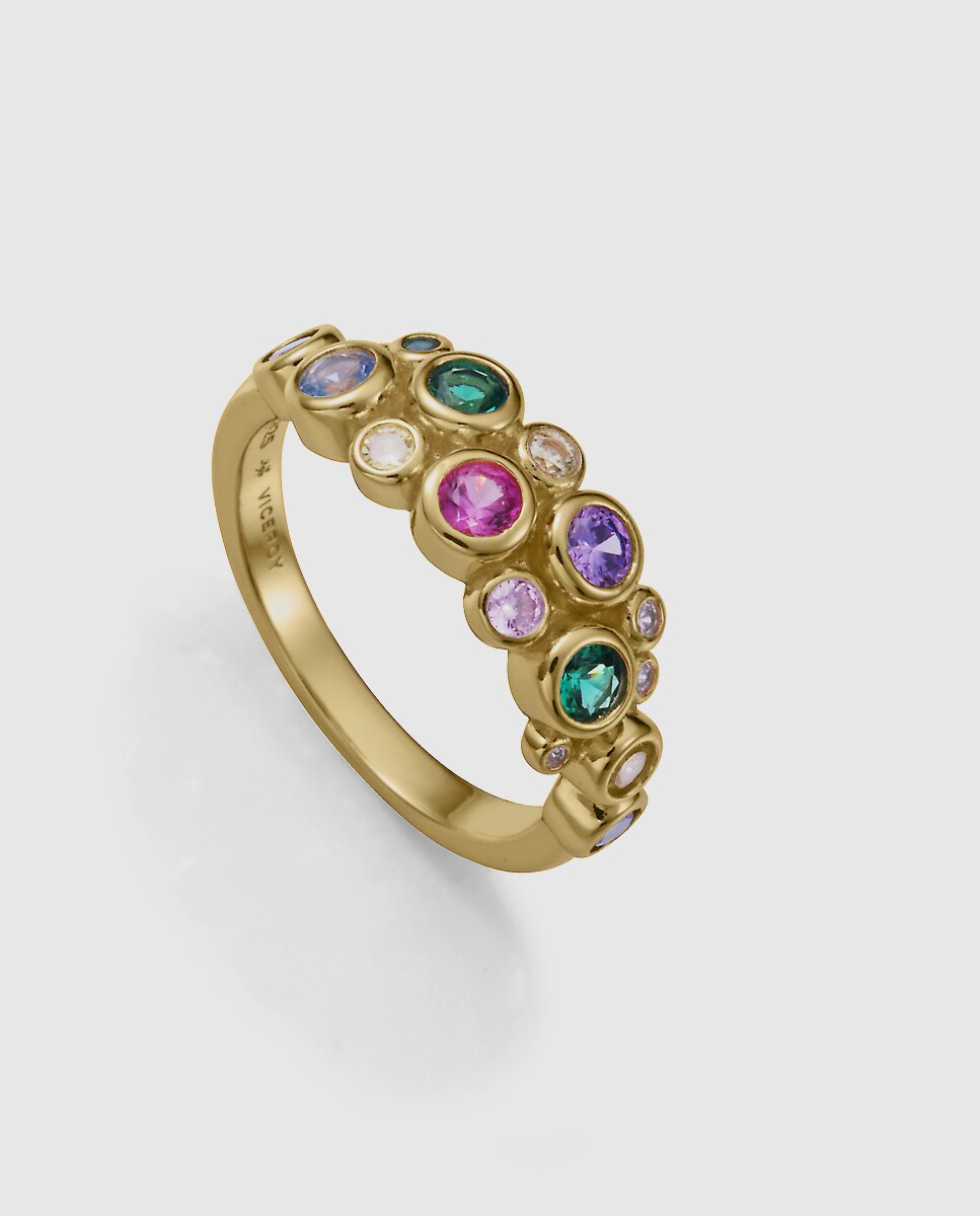 Anel Elegant de Prata de Primeira Lei com Banho de Ouro com Zircónias Multicolor-1
