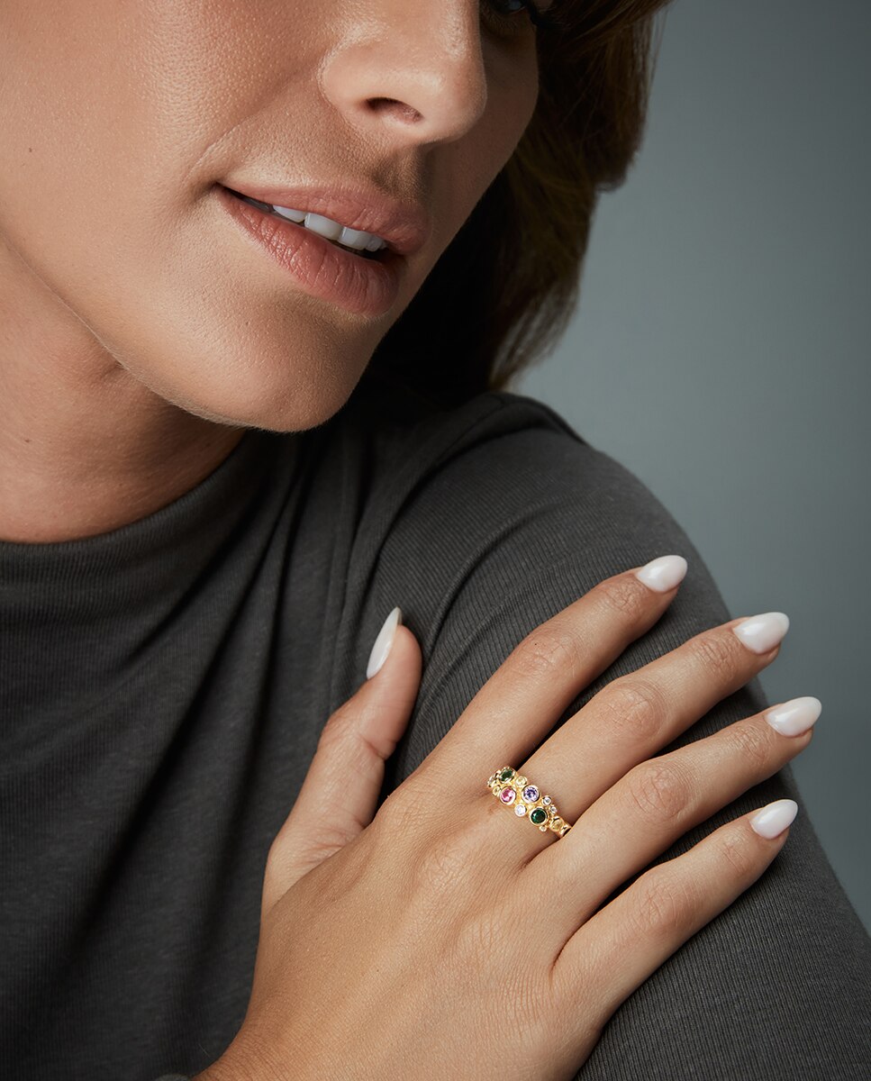 Anel Elegant de Prata de Primeira Lei com Banho de Ouro com Zircónias Multicolor-2