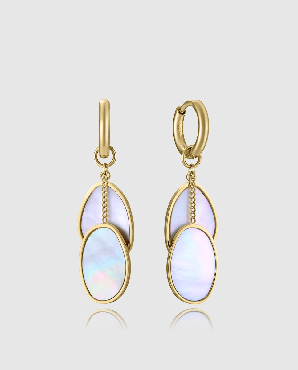 Brincos Air de Aço Ip Dourado com Pendentes de Madrepérola Branco-1