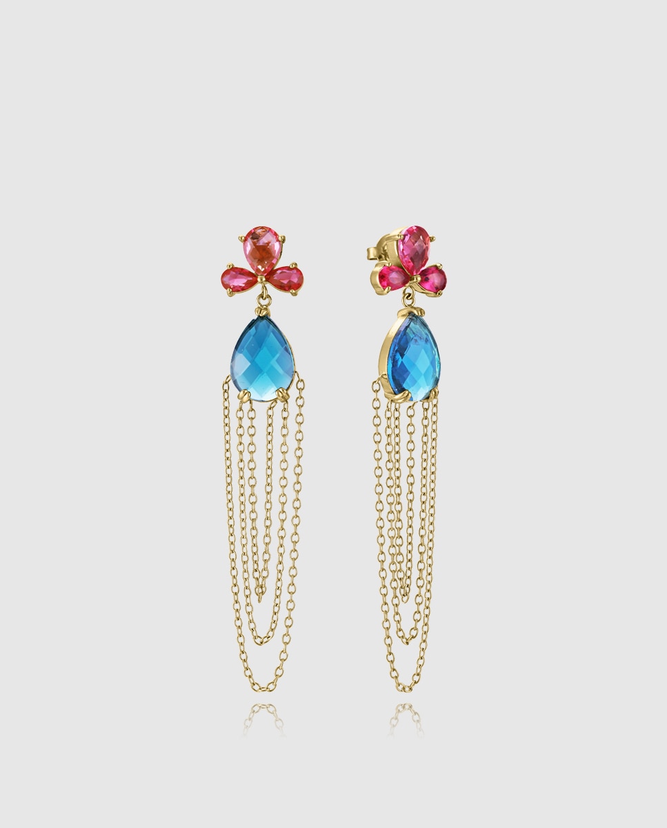 Brincos Chic de Aço Ip Dourado com Cristais e Correntes Pendentes Bicolor-1