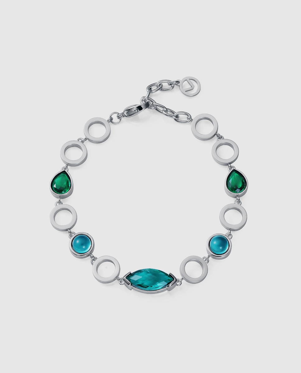Pulseira com Elos Chic de Aço Chapado Prata 999 com Cristais Verde-1
